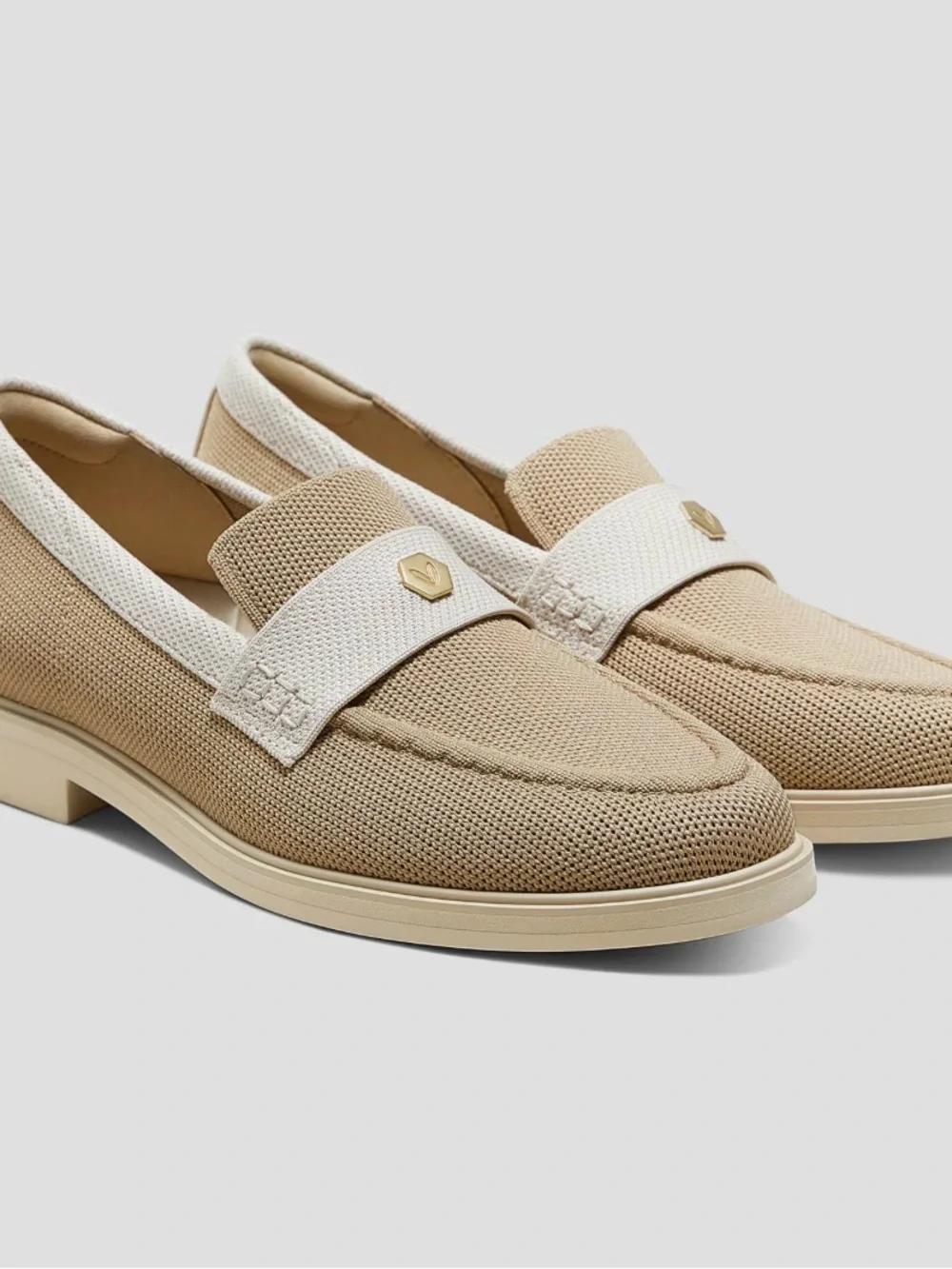 Men's Beige Knit Penny Loafers with White Strap